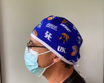 Surgeon Scrub Cap made University Kentucky Fabric, Kentucky Wildcats Fabric, Kentucky Badge Reel, Wildcats Surgical scrub hat ties in back