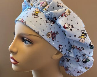 Peanuts Ice Skating Scrub, Peanuts Bouffant Scrub Hat, Bouffant, Peanuts Gang ice skating Surgical Scrub Cap or Food Worker Hat