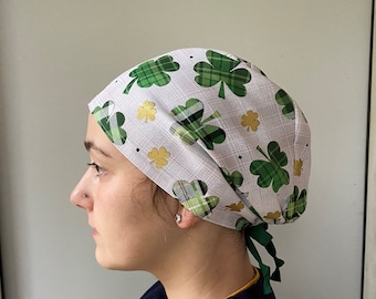 Monogrammed St Patrick Scrub Hat, Lucky Green Scrub Hat,4 leaf Clover Monogrammed Surgical Scrub Cap, Adjustable Ties in Back Hat