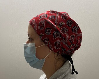 Scrub Cap made from University of South Carolina Gamecocks Fabric, Gamecocks Surgical Scrub Hat One Size Fits All Adjustable Tie in Back