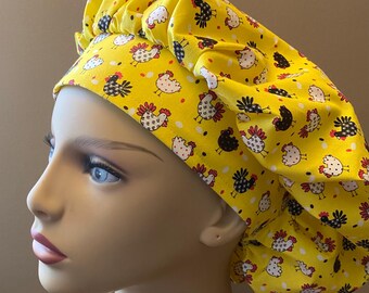 Monogammed Chicken and Rooster Fabric Bouffant Cap, Chicken fabric Bouffant Scrub Head, Rooster Bouffant Scrub Cap Food Worker Hat Bouffant