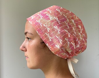 Monogrammed Dragonfly Fabric Scrub Hat, Coral colored fabric with Dragonflies One Size Fits All Surgical Scrub Cap Unisex Ties in Back