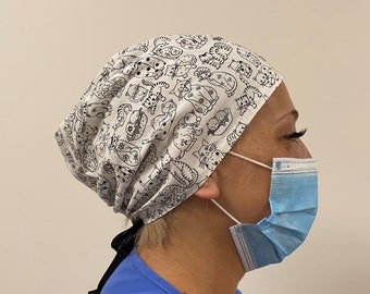 Monogrammed Cats Scrub Hat,Kittens Surgical Scrub Hat Black and White Scrub Hat,Pets Scrub Hat,Ties in Back Adjustable One Size Fits All