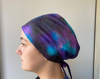 Monogrammed Star Gazer Scrub Cap, Solar System Stars Scrub, Blue Purple Black Night Sky Fabric One Size Fits All Ties Back Surgical Scrub