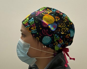 Happy Birthday Scrub Hat, Celebrate Fabric Scrub Hat, Monogrammed Birthday Fabric Scrubs, Surgical Scrub Head Cap Adjustable Ties in Back