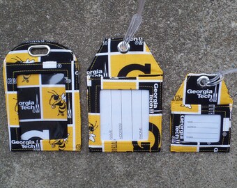 Luggage Tags made with Georgia Tech Fabric,GA Technical Badgerotector Holder. Georgia Tech Fabric Luggage Bag Tags