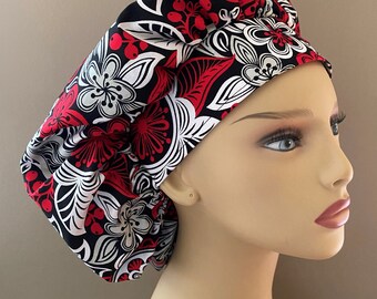 Monogrammed Paisley Flowers Fabric Bouffant Hat One Size Fits Red Floral Fabric Bouffant Scrub Head, Surgical Scrub Cap or Food Worker Hat
