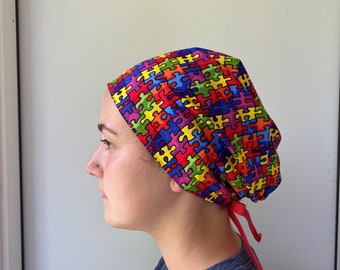 Monogrammed Autism Puzzles Fabric Surgical Scrub Hat One Size Fits All, Puzzle Pieces Surgical Face Mask, Autism Scrub Cap