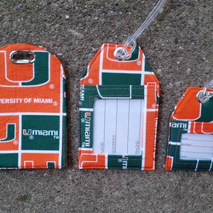 Luggage Tags made from University of Miami Hurricanes Green and Orange Fabric Luggage Bag and Name Identification Tags for Florida