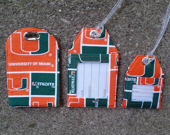 Luggage Tags made from University of Miami Hurricanes Green and Orange Fabric Luggage Bag and Name Identification Tags for Florida