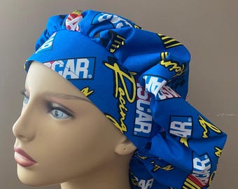 Bouffant Scrub Head Hat made from NASCAR fabric, NSCAR Bouffant Cap Fabric Surgical Scrub Cap or Food Worker Hat