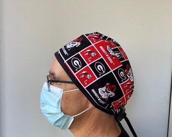 Surgeon Scrub Hat made from University of Georgia Fabric, Georgia Bulldogs Surgeon Style Surgical Scrub Cap, Georgia One Size Fits All