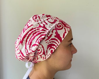 Monogrammed Pink Tie Dye scrub Hat, Monogrammed Pink Batik Tye Die One Size Fits All, Pink Tie Dyed Unisex Surgical Scrub Cap