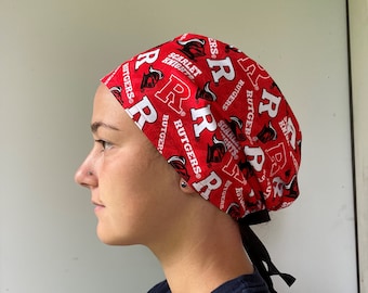Monogrammed Scrub Hat made with Rutgers University Scarlet Knights Fabric,Monogrammed Rutgers Surgical Scrub Cap, Rutgers Face Mask