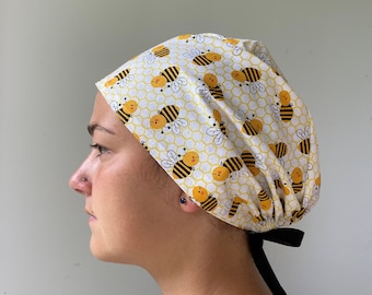 Monogrammed Bumble bee Fabric Scrub Cap , One Size Fits All Adjustable Monogrammed Bumblebee Scrub ties in Back Surgical Scrub Hat