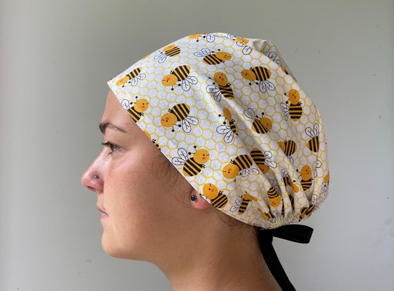 Save the Bees Buzzing Bee Bumblebee Fabric Scrub Cap One Size Fits All Adjustable Bumblebee Scrub ties in Back Surgical Scrub Hat