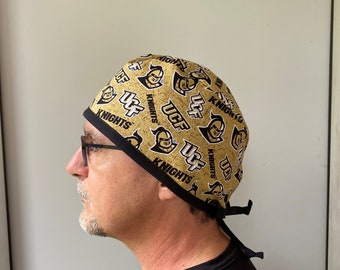 Surgeon Scrub Hat made from University Central Florida Fabric, UCF Knights Fabric Chapstick Keychain, Unisex One Size Fits All, Ties in Back