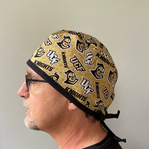 Surgeon Scrub Hat made from University Central Florida Fabric, UCF Knights Fabric Chapstick Keychain, Unisex One Size Fits All, Ties in Back