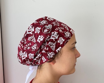 Scrub Hat made from Texas A and M University Fabric, Texas Aggies Surgical Scrub One Size Fits All Adjustable Scrub Hat Ties in Back