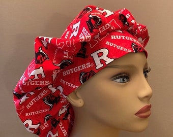 College Bouffant Scrub Head made from Rutgers University Fabric Rutgers Knights Scrub Cap, Rutgers Badge Reel, Rutgers Chapstick Keychain