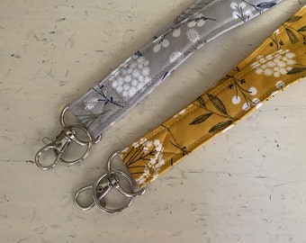 Monogrammed Mustard Lanyard, Silver Floral Lanyard, Flower Fabric Lanyard ID Badge Protector, Fabric Badge Protector Holder Identification