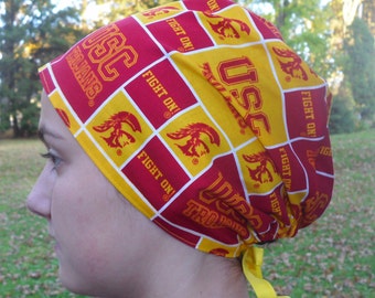 USC Scrub Hat made with USC University Southern California Trojans Fabric  Burgundy Gold Surgical Scrub Cap One Size Fits All Adjustable Tie