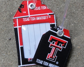 Texas Tech Luggage Tags made from TTU Texas Tech University FabricTexas Tech Red Raiders Masked Rider Luggage and Mini or Small BagTags