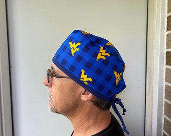 Surgeon Scrub Hat made from West Virginia University Surgeon Style Mountaineers Blue and Gold Fabric Unisex One Size Fits All UWA Badge Reel