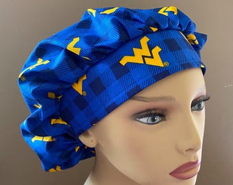 Bouffant Scrub Hat made from WVU Mountaineers Fabric, Surgical Scrub Cap Food Worker Hat, West Virginia University Mountaineer Bouffant
