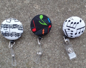 Badge Reel made from Music Theme Fabric,Sheet Music, Colored Notes, Black Notes Badge Reels,Fabric Badge Holder Reel, Fabric Badge Reels