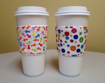 Pushpin Coffee Cozy,Buttons Fabric Coffee Cozy,Custom Coffee Sleeve,Thumb Tack Cozy,Pushpin Cozy,Buttons Fabric cozy, iced coffee cozy