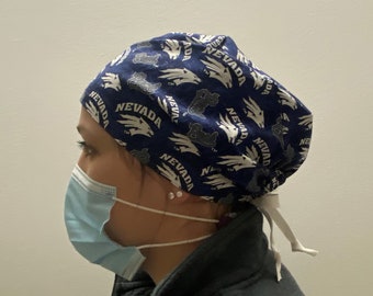 Scrub Hat made from  University Nevada Wolf Pack Fabric, Nevada Pack Scrubs, One Size Fits All Nevada Wolfpack Adjustable Tie in Back