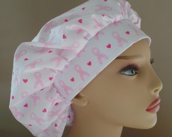 Pink Ribbons Bouffant Scrub, Pink Ribbons Chapstick Keychain, Monogrammed Pink Ribbons Surgical Scrub Cap, Food Worker Breast Cancer Hat