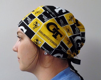 Scrub Hat made from Georgia Technical School Fabric, Georgia Tech Surgical Scrub Cap Sunsex One Size Fits All Adjustable Tie in Back