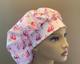 Pink Flamingo Fabric Bouffant Cap, Monogrammed Flamingo fabric Bouffant Scrub Head, Pink Flamingos Bouffant Cap Food Worker Hat Bouffant