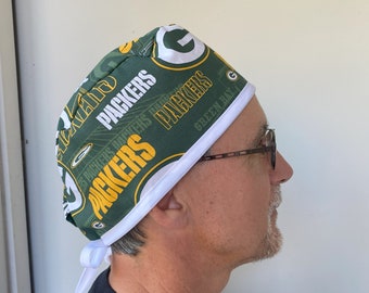 Monogrammed Surgical Scrub Cap made from Green Bay Packers NFL Fabric, Surgeon Style Scrub Hat One Size Fits All Adjustable Ties in Back