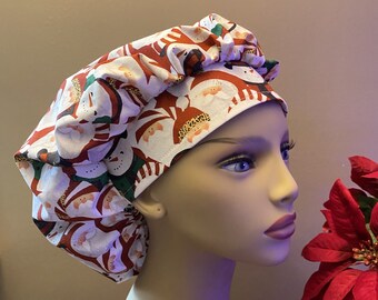 Santa Sowman Bouffant, Christmas Bouffant , Santa Claus Fabric,Santa Fabric Bouffant, Snowman Surgical Scrub Cap or Food Worker Hat