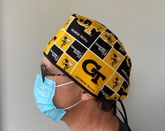 Surgeon Scrub Hat made from Georgia Technical Institute Fabric, Georgia Tech Surgeon Style Surgical Scrub Hat All Tie in Back