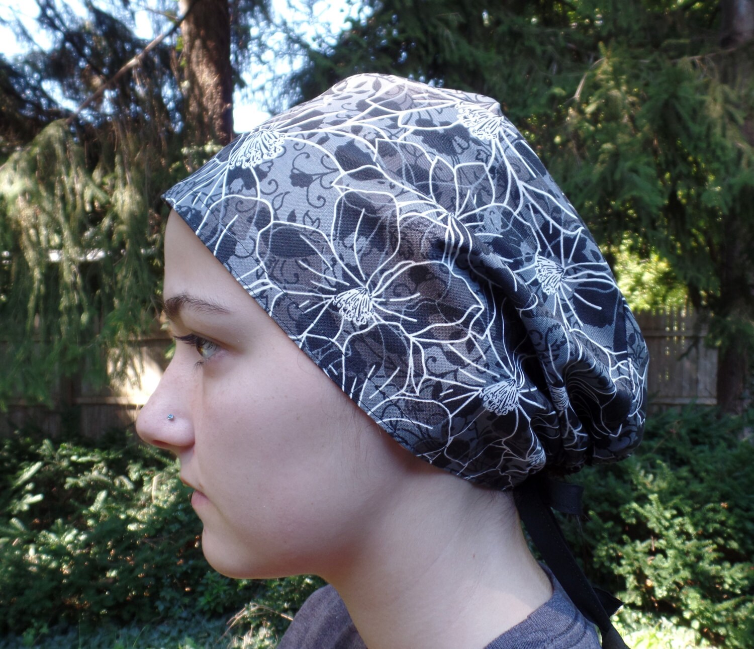 Black White Flowers Scrub Hat,Fabric Floral Surgical Scrub Hat Unisex