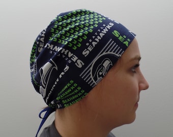 Seattle Seahawks Scrub Hat made from Seattle Seahawks NFL Football Fabric Surgical Scrub One Size Fits All Adjustable Ties in Back