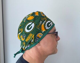 Surgical Scrub Cap made from Green Bay Packers NFL Fabric, Surgeon Style Scrub Hat One Size Fits All Adjustable Ties in Back