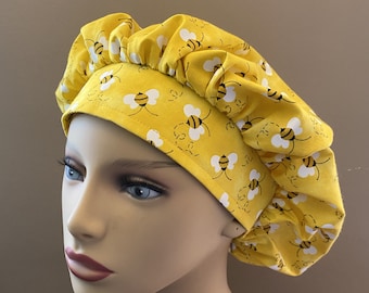 Monogrammed Bumblebee Bouffant Scrub Cap, Bees Fabric Cap, Bee Fabric Design Bouffant Cap, Bumblebee Bouffant Scrub Cap Food Worker Hat