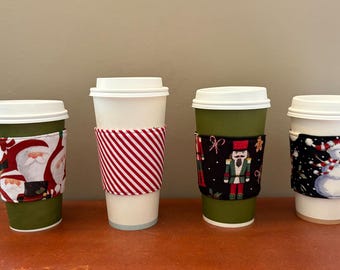Christmas Fabric Coffee Cozies,Christmas Penguins Fabric Cozy,Candy Cane Coffee Cozy,Gingerbread boys and Girls Fabric Coffee Cozy