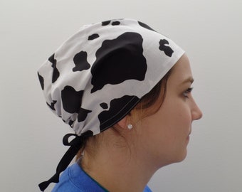 Monogrammed Black Cow Holstein Scrub Hat, Black Cow Fabric Mask, Black Cow Scrub Cap, One Size Fits All Surgical Cow Scrub Cap, Cow Mask