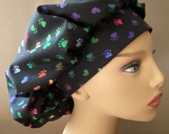 Monogrammed Paw Prints Bouffant Scrub cap, Paw Print Chapstick Keychain, Paw Print Fabric Bouffant Surgical Scrub Cap or Food Worker Hat