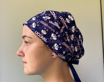Scrub Hat made with University of Connecticut Fabric, Monogrammed UCONN Surgical Scrub Cap, Connecticut Unisex One Size Fits All