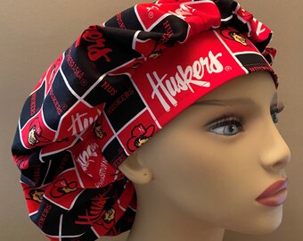 Nebraska Huskers Bouffant Scrub Cap made from University Nebraske Corn Huskers Fabric Surgical Scrub Cap Food Worker Hat One Size Fits All
