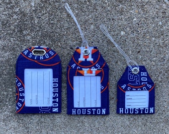 Luggage Tags made from MLB Houston Astros Fabric, Astros Badge Protector Holder, Houston Fabric Identification Luggage Bag Gift Tags