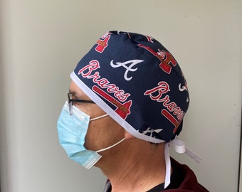 Atlanta Braves MLB Fabric Surgeon Scrub Hat, Atlanta Braves Surgeon Style Scrub Hat, Unisex One Size Fits All With Adjustable Tie