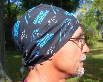 Scrub Hat made from Carolina Panthers Black and Turquoise Fabric Carolina Panthers Surgical Scrub Hat One Size Fits All Adjustable Tie